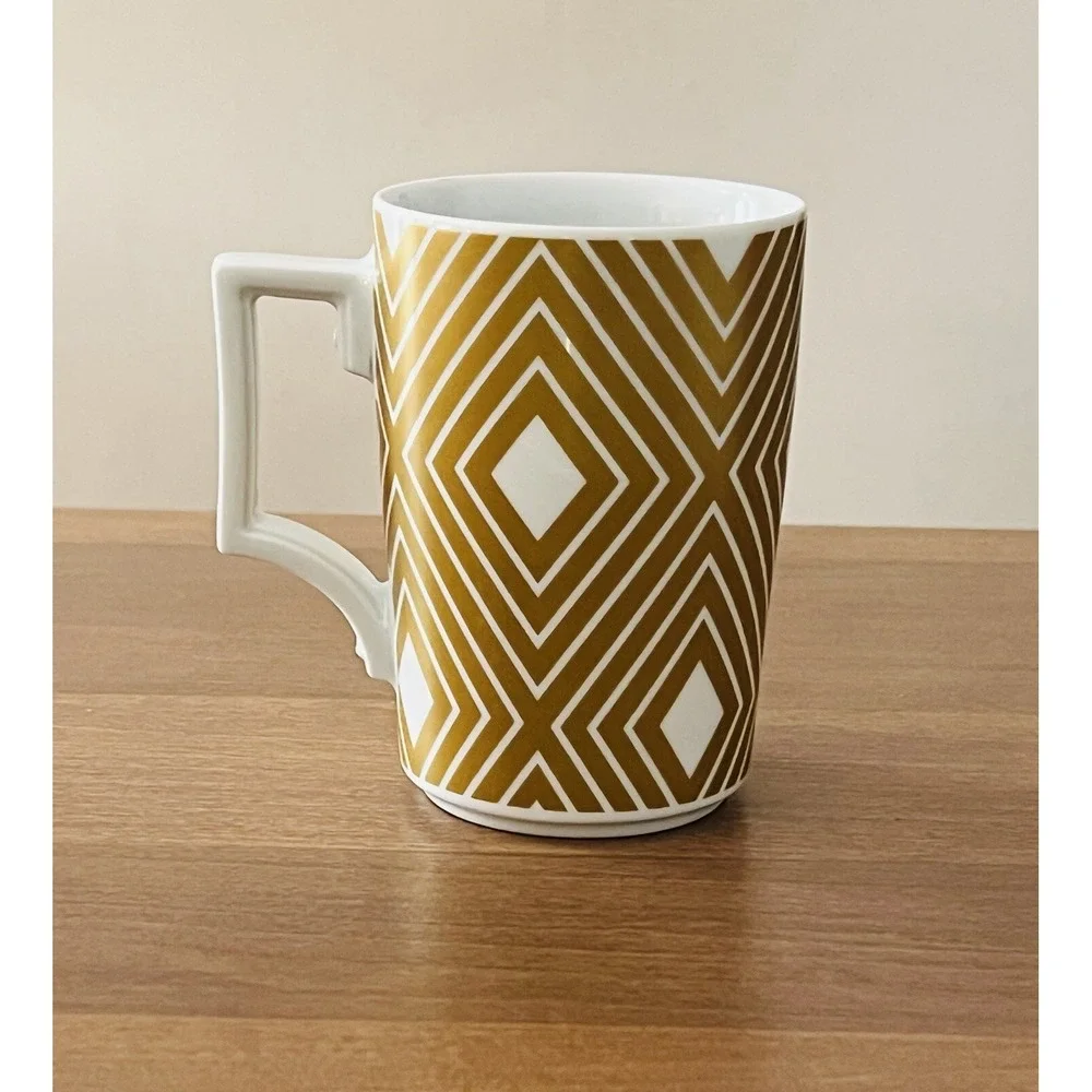 Starbucks Rosanna Coffee Mug Gold White Diamond Argyle Square Handle 12 Oz. 2013